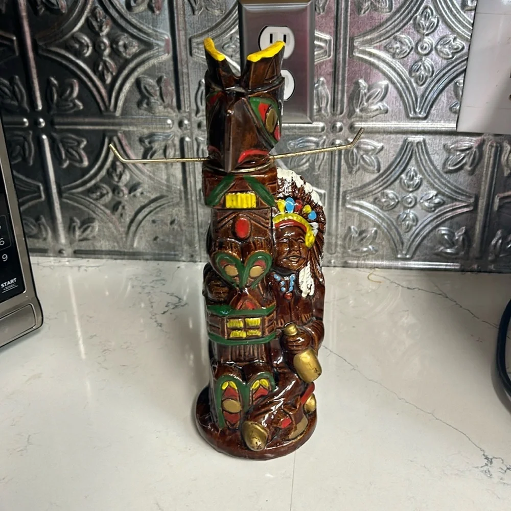 Vintage Totem Pole & Drunk Indian Ceramic Liquor Decanter 10.75